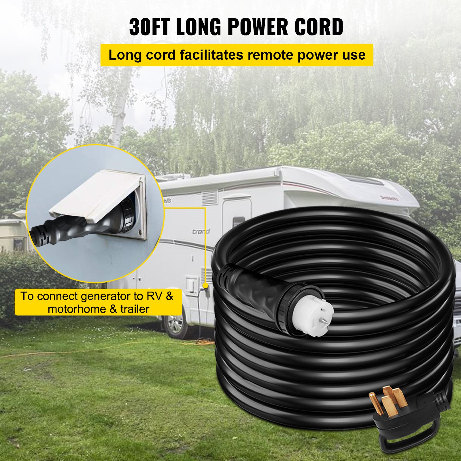 VEVOR 30 FT 50 Amp Generator Extension Cord STW 6/3 + 8/1, 125V 250V Generator Power Cord N14-50P & SS2-50R & CS6364 Twist Lock Connectors