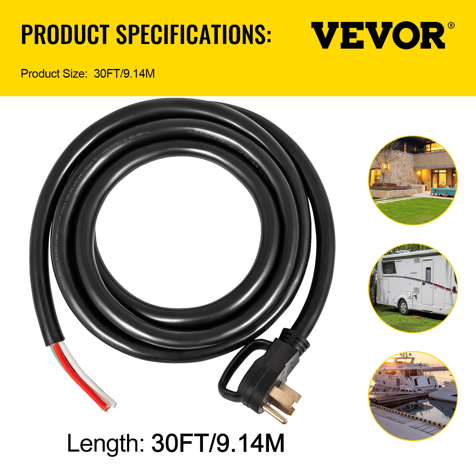 VEVOR 30' 50A RV Camp Power Cord Generator Cord 6/3 + 8/1 AWG NEMA 14-50P to Bare Wire