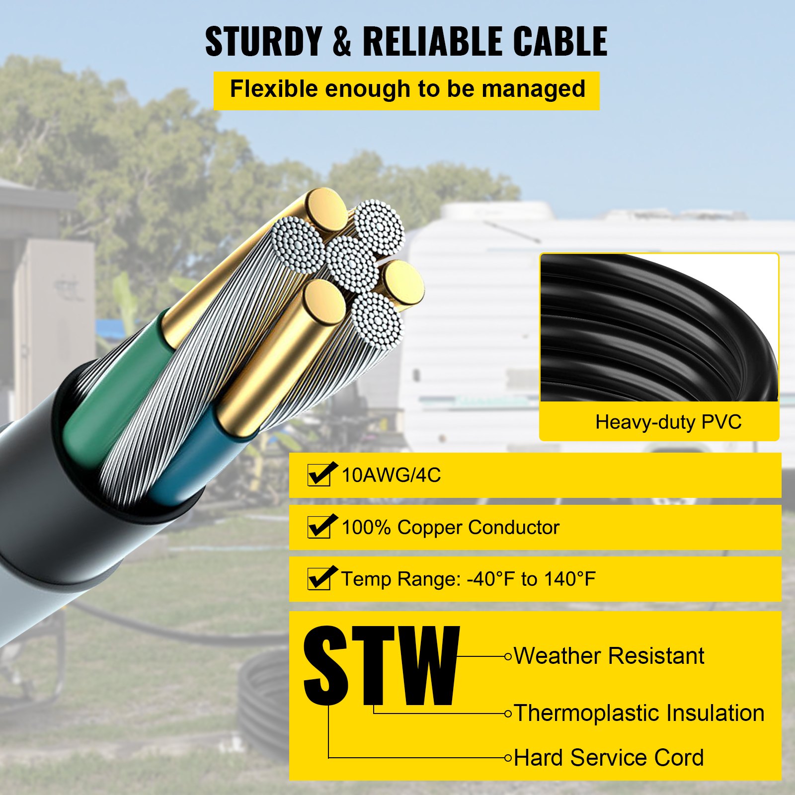 VEVOR 50 FT 30 Amp Generator Extension Cord SJTW 10 AWG 4 Prong, NEMA L14-30P 125/250V Heavy Duty Generator Power Cord with Twist Lock Connector