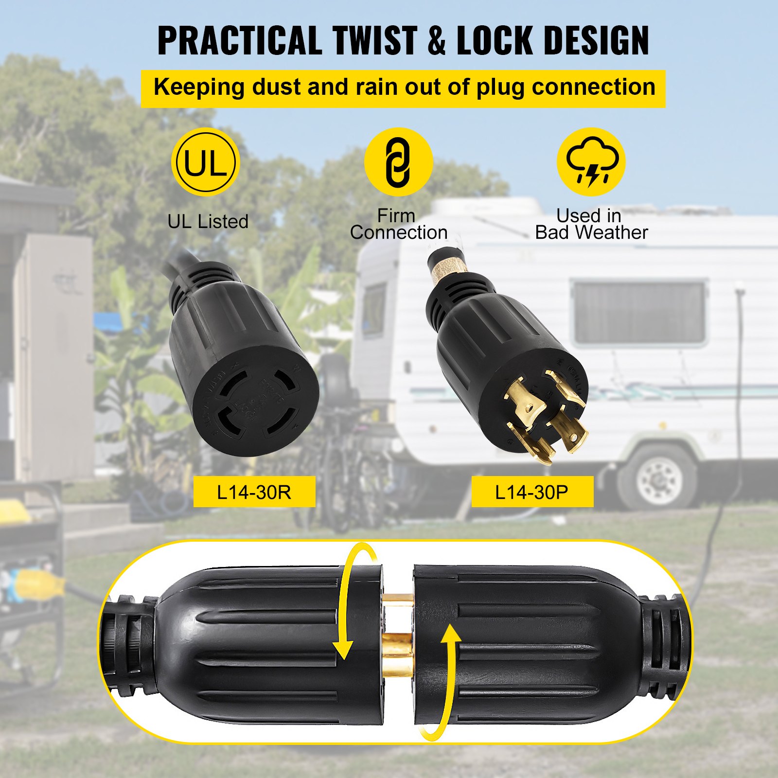 VEVOR 50 FT 30 Amp Generator Extension Cord SJTW 10 AWG 4 Prong, NEMA L14-30P 125/250V Heavy Duty Generator Power Cord with Twist Lock Connector