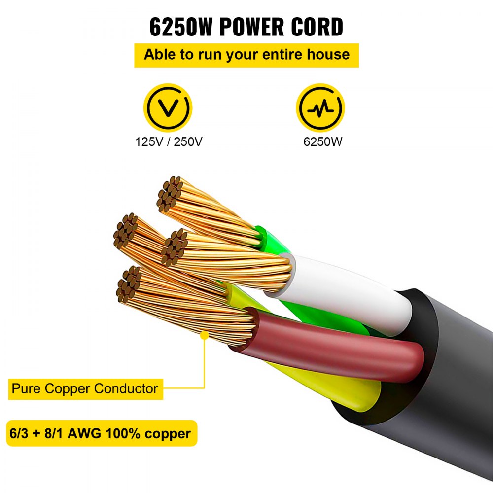 VEVOR 50Ft 50A Generator Extension Cord Generator Power Cord STW 6/3 + 8/1 AWG 100% copper NEMA SS2-50P/CS6364 Power Assemblies Cord 125/250VAC Twist to Lock Plug Oil Resistant Cable Jacket, Black