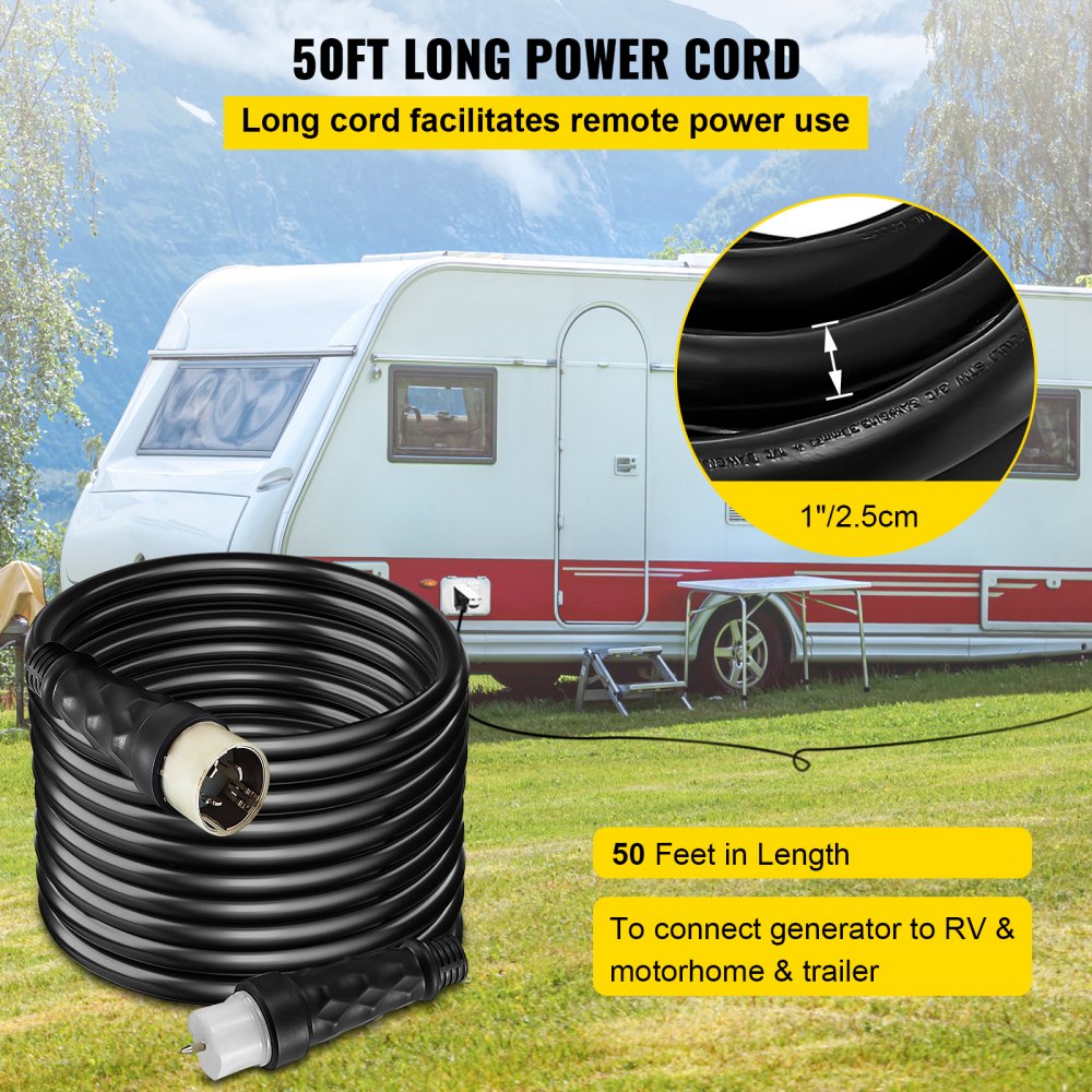 VEVOR 50Ft 50A Generator Extension Cord Generator Power Cord STW 6/3 + 8/1 AWG 100% copper NEMA SS2-50P/CS6364 Power Assemblies Cord 125/250VAC Twist to Lock Plug Oil Resistant Cable Jacket, Black