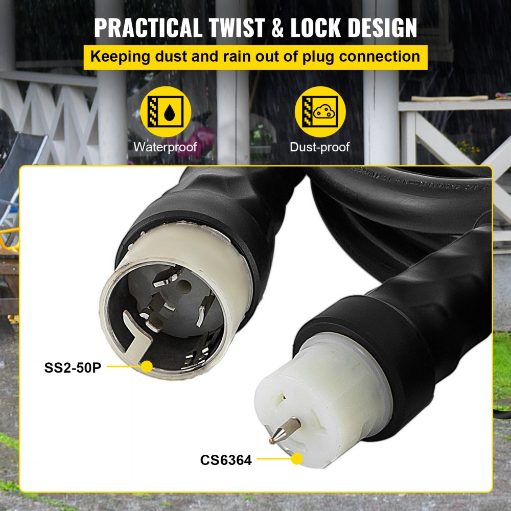 VEVOR 50Ft 50A Generator Extension Cord Generator Power Cord STW 6/3 + 8/1 AWG 100% copper NEMA SS2-50P/CS6364 Power Assemblies Cord 125/250VAC Twist to Lock Plug Oil Resistant Cable Jacket, Black