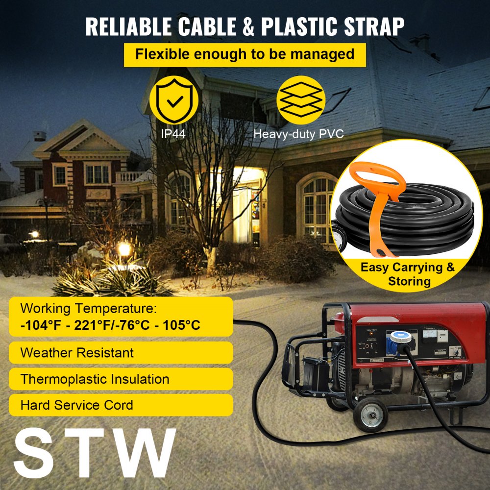 VEVOR 50Ft 50A Generator Extension Cord Generator Power Cord STW 6/3 + 8/1 AWG 100% copper NEMA SS2-50P/CS6364 Power Assemblies Cord 125/250VAC Twist to Lock Plug Oil Resistant Cable Jacket, Black