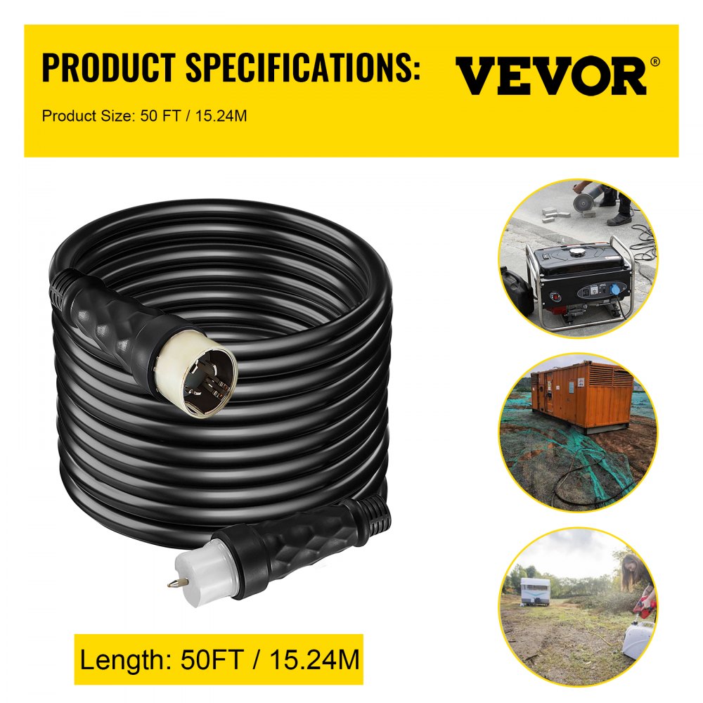 VEVOR 50Ft 50A Generator Extension Cord Generator Power Cord STW 6/3 + 8/1 AWG 100% copper NEMA SS2-50P/CS6364 Power Assemblies Cord 125/250VAC Twist to Lock Plug Oil Resistant Cable Jacket, Black