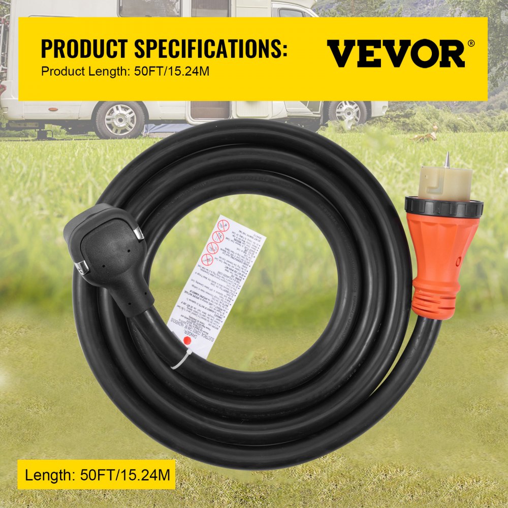 Cable de generador resistente VEVOR, cable de alimentación de 15 m, 50 A, certificación ETL, cable negro de 12 000 W, enchufe NEMA 14-50P, cable de extensión SS2-50R, cable de generador de 125/250 V con correa portátil.