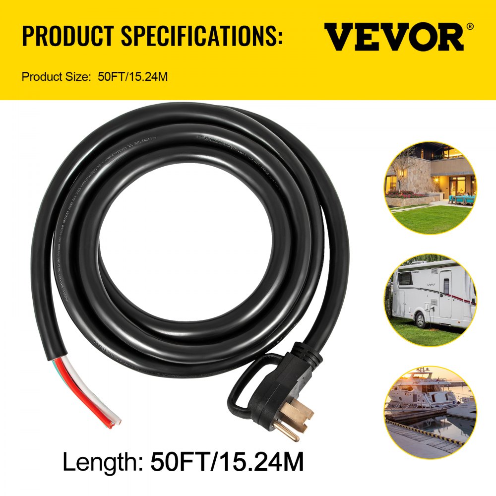 VEVOR 50' 50A RV Camp Power Cord Generator Cord 6/3 + 8/1 AWG NEMA 14-50P to Bare Wire