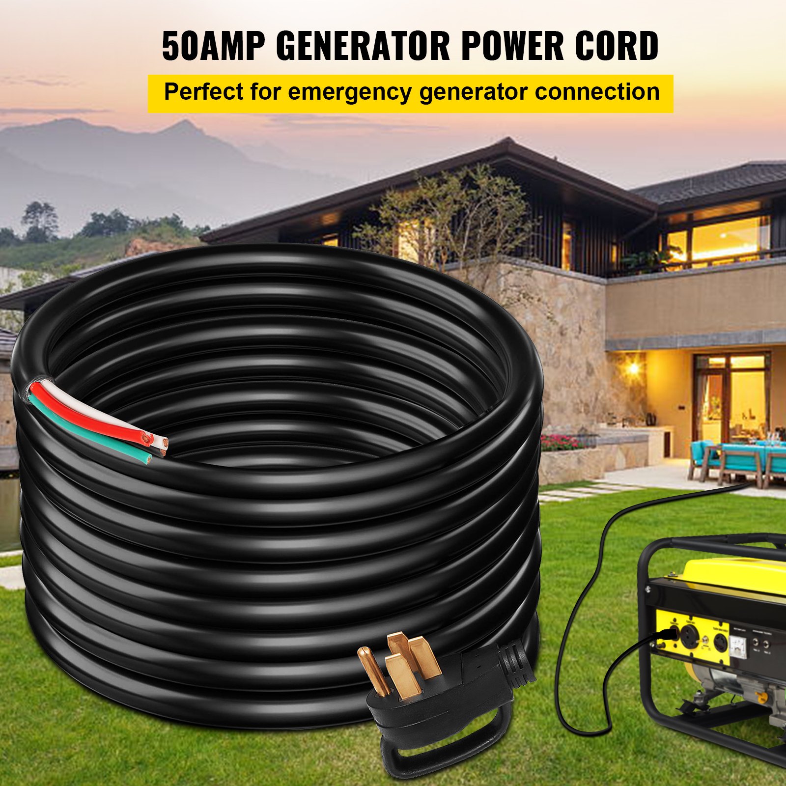 VEVOR 50' 50A RV Camp Power Cord Generator Cord 6/3 + 8/1 AWG NEMA 14-50P to Bare Wire