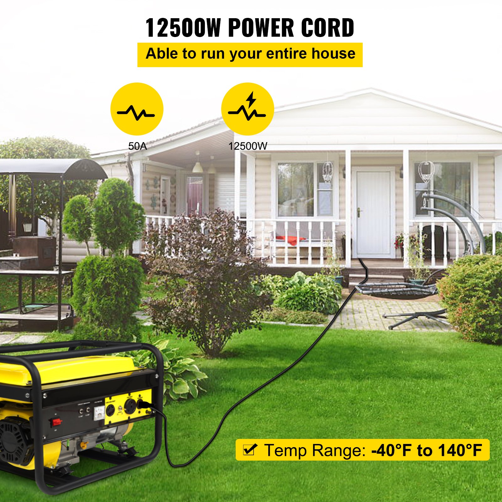 VEVOR 50' 50A RV Camp Power Cord Generator Cord 6/3 + 8/1 AWG NEMA 14-50P to Bare Wire