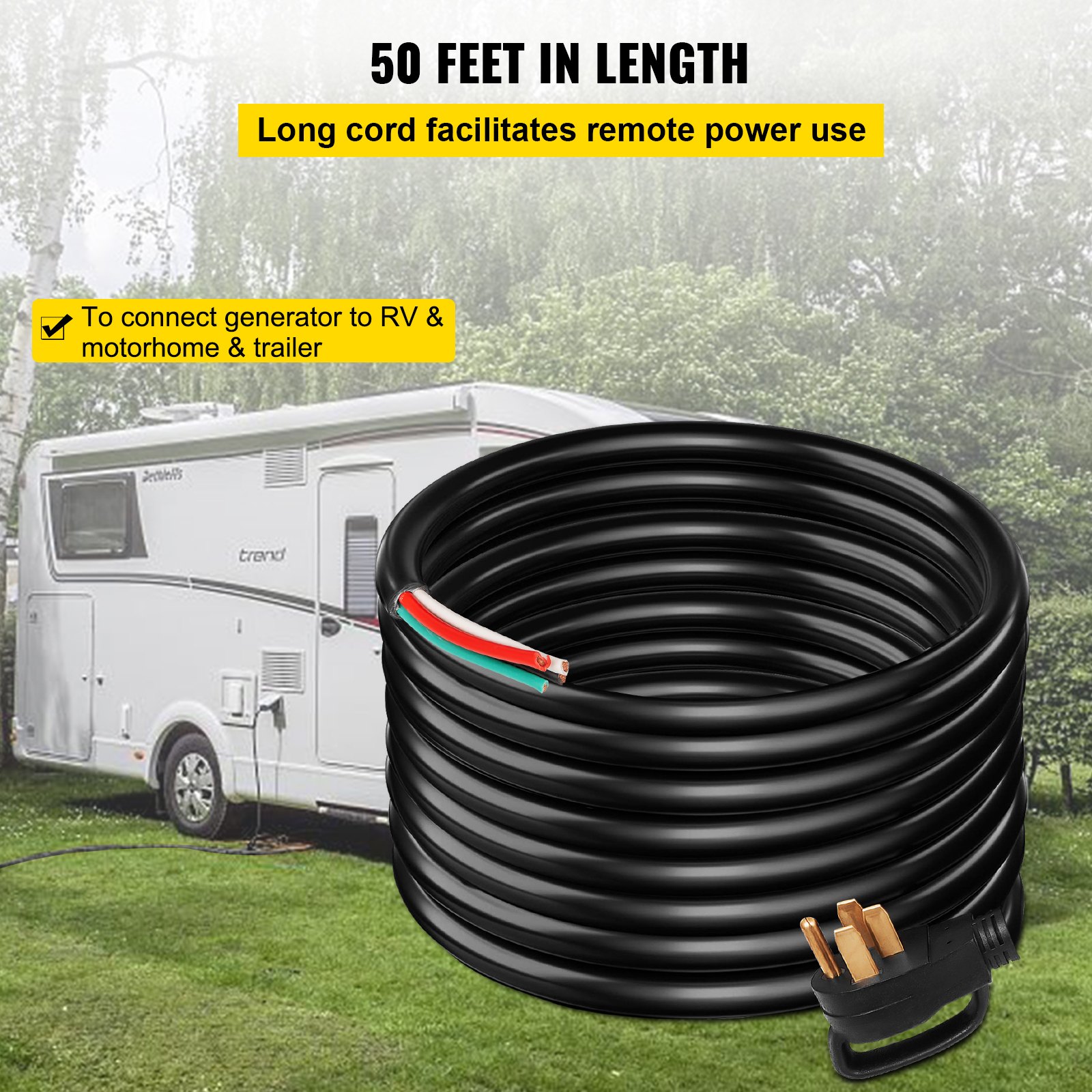 VEVOR 50' 50A RV Camp Power Cord Generator Cord 6/3 + 8/1 AWG NEMA 14-50P to Bare Wire