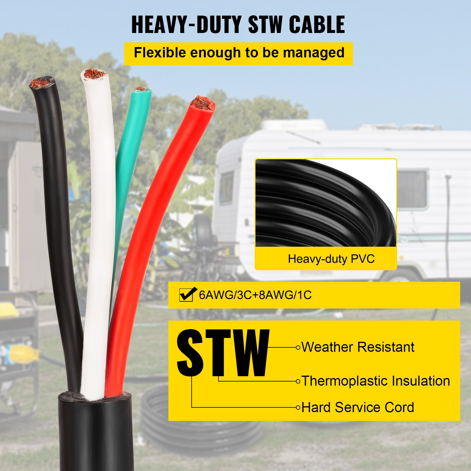 VEVOR 50' 50A RV Camp Power Cord Generator Cord 6/3 + 8/1 AWG NEMA 14-50P to Bare Wire
