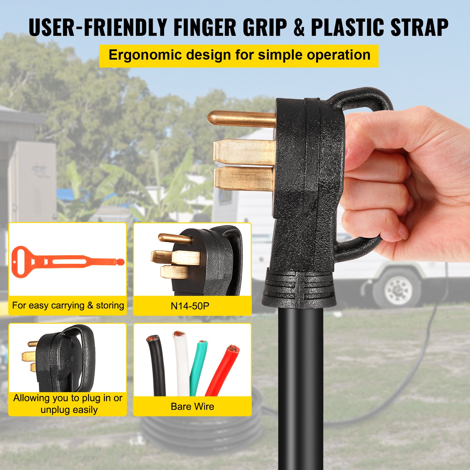 VEVOR 50' 50A RV Camp Power Cord Generator Cord 6/3 + 8/1 AWG NEMA 14-50P to Bare Wire