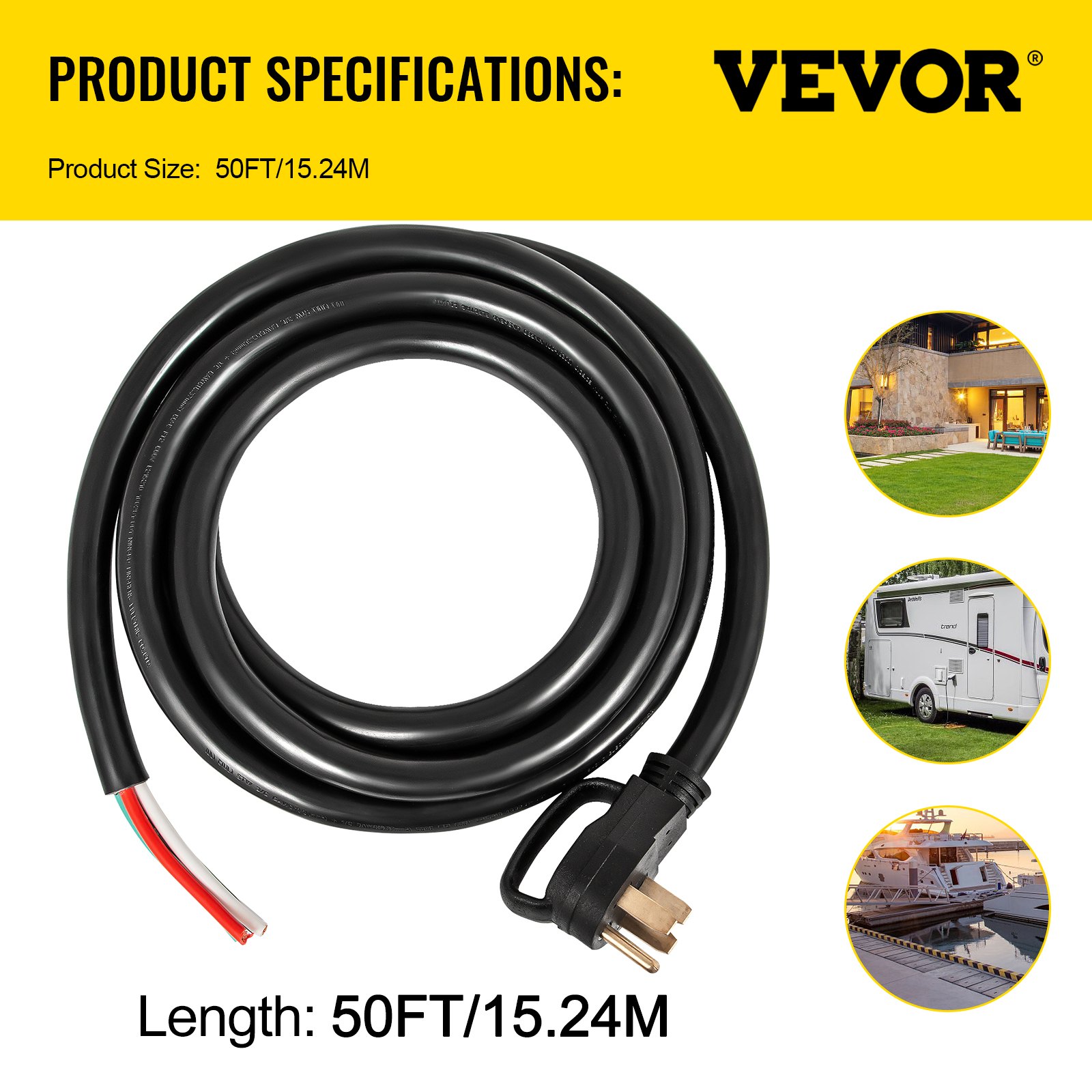 VEVOR 50' 50A RV Camp Power Cord Generator Cord 6/3 + 8/1 AWG NEMA 14-50P to Bare Wire