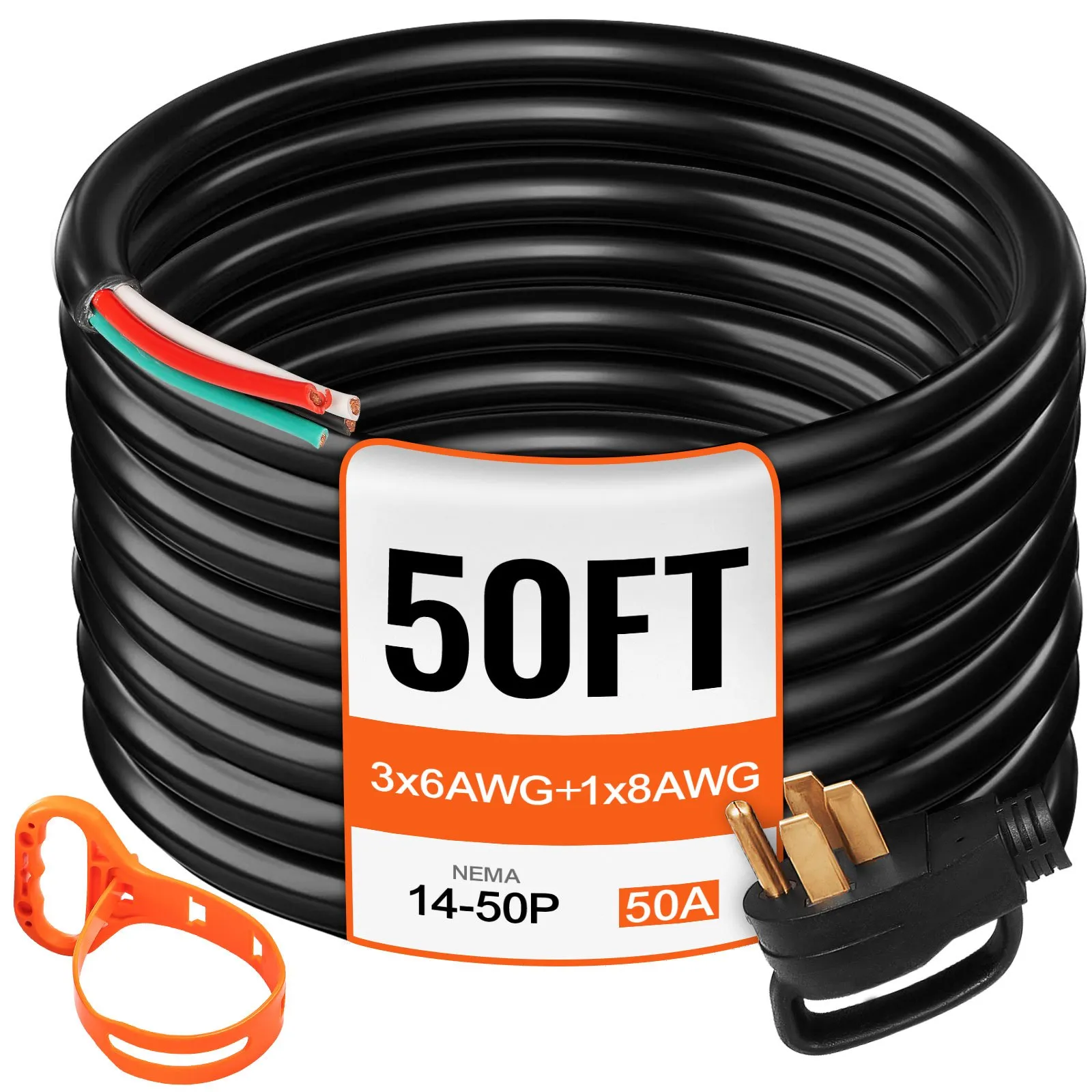 VEVOR 50' 50A RV Camp Power Cord Generator Cord 6/3 + 8/1 AWG NEMA 14-50P to Bare Wire