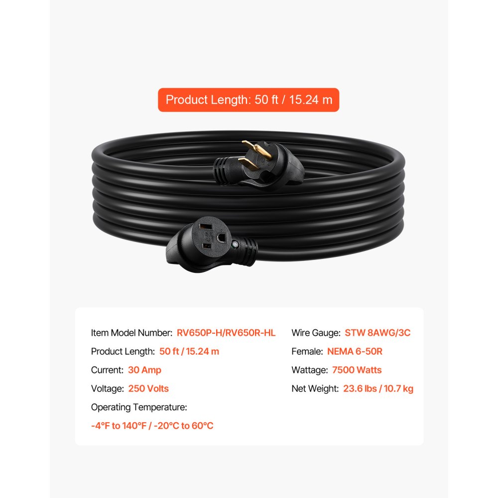 VEVOR 30-Amp Generator Extension Cord, 25 Foot, 250 Volts 7500 Watts Heavy Duty Power Cable, NEMA 6-50P to 6-50R SWT 8AWG Flexible Welder Extension Cord, with Storage Bag, for Generators, ETL Listed