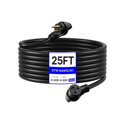 VEVOR 50-Amp Generator Extension Cord, 25 Foot, 250 Volts 12500 Watts Heavy Duty Power Cable, NEMA 6-50R NEMA 6-50P SWT 6AWG Flexible Welder Extension Cord, with Storage Bag, for Generators, ETL Listed