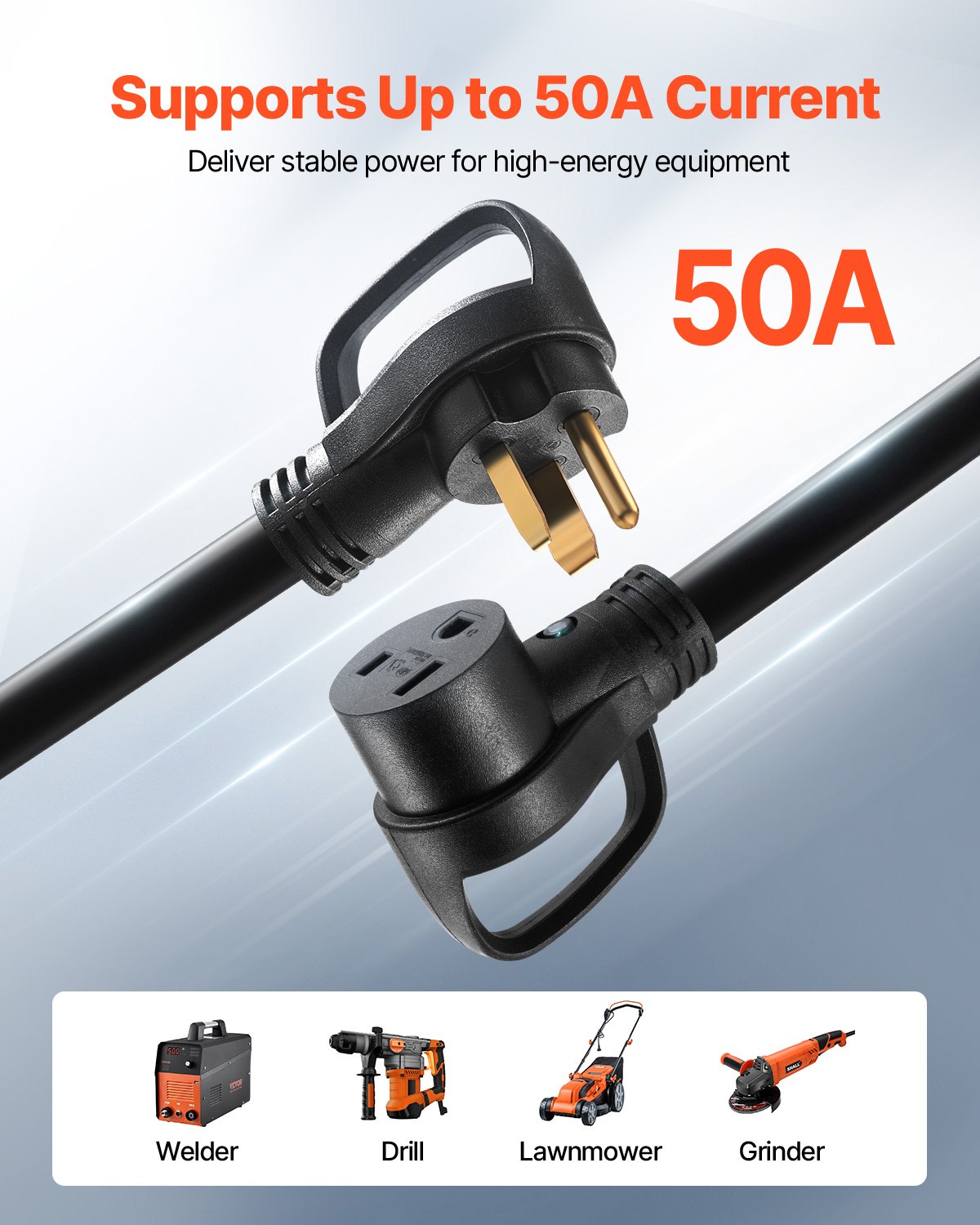 VEVOR 50-Amp Generator Extension Cord, 50 Foot, 250 Volts 12500 Watts Heavy Duty Power Cable, NEMA 6-50R NEMA 6-50P SWT 6AWG Flexible Welder Extension Cord, with Storage Bag, for Generator, ETL Listed