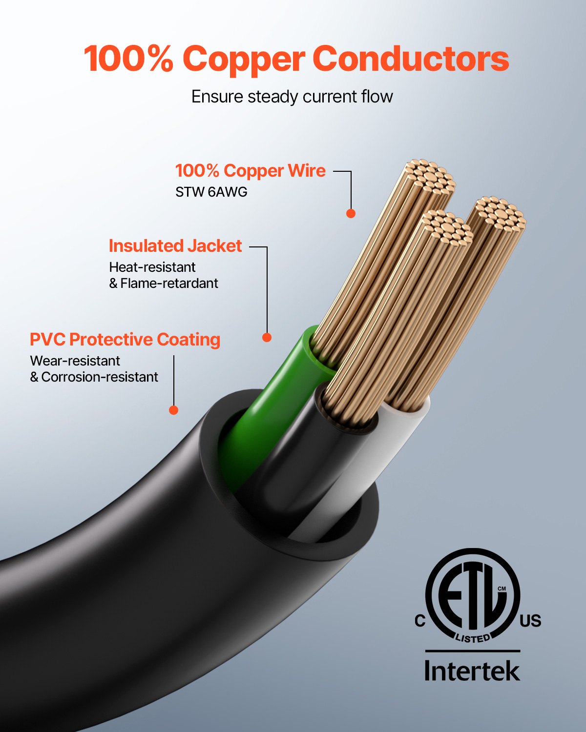 VEVOR 50-Amp Generator Extension Cord, 50 Foot, 250 Volts 12500 Watts Heavy Duty Power Cable, NEMA 6-50R NEMA 6-50P SWT 6AWG Flexible Welder Extension Cord, with Storage Bag, for Generator, ETL Listed