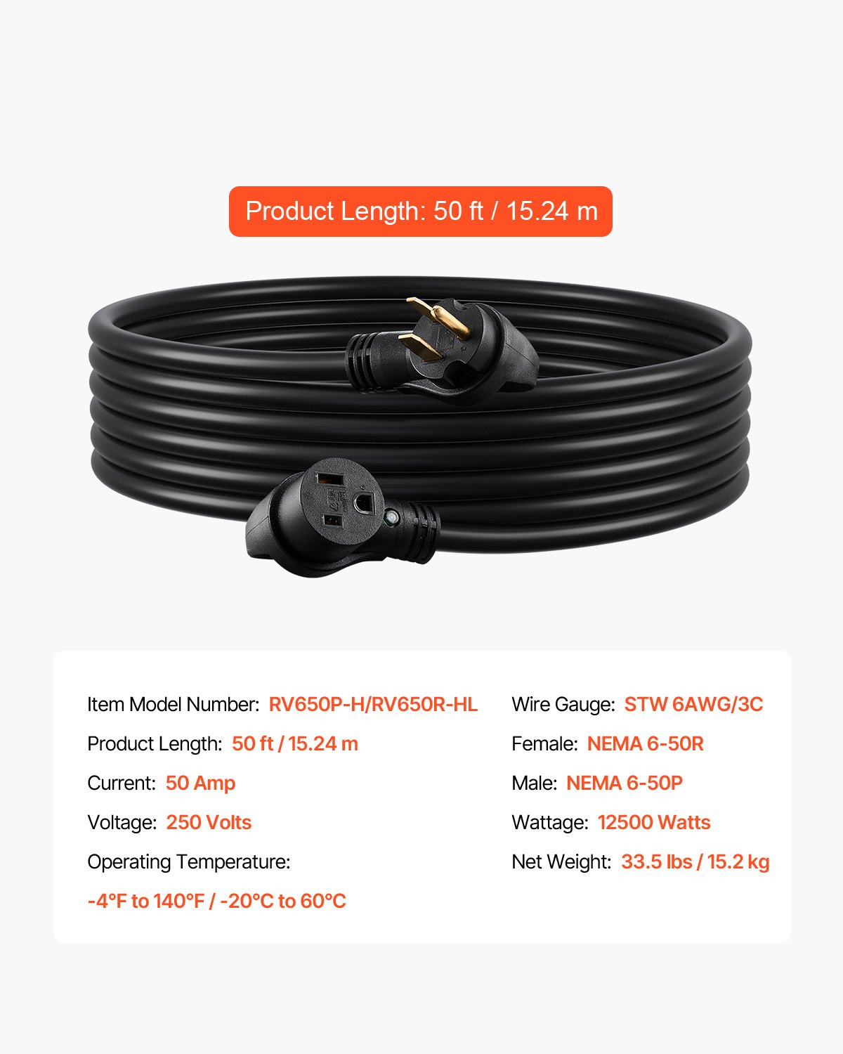 VEVOR 50-Amp Generator Extension Cord, 50 Foot, 250 Volts 12500 Watts Heavy Duty Power Cable, NEMA 6-50R NEMA 6-50P SWT 6AWG Flexible Welder Extension Cord, with Storage Bag, for Generator, ETL Listed