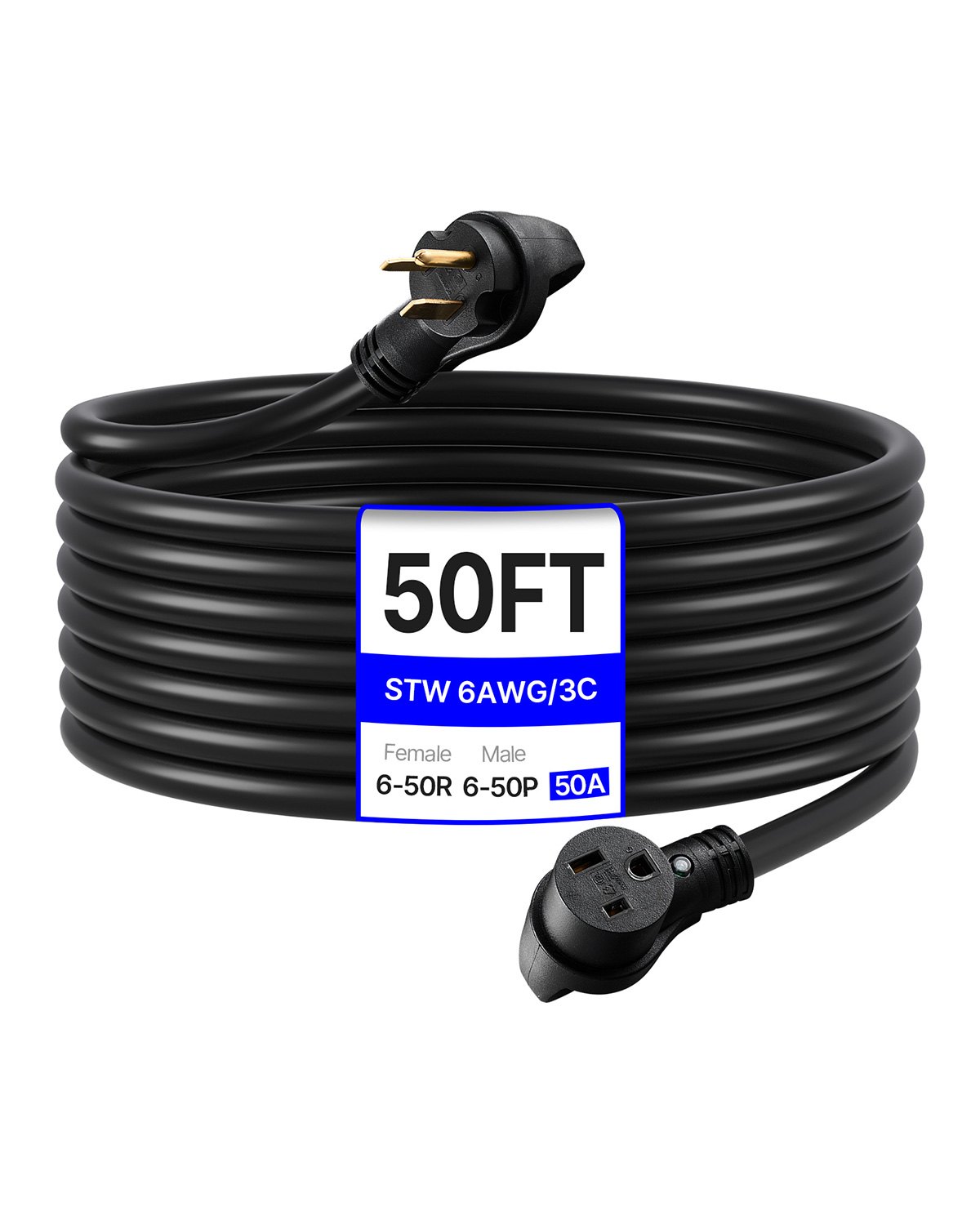 VEVOR 50-Amp Generator Extension Cord, 50 Foot, 250 Volts 12500 Watts Heavy Duty Power Cable, NEMA 6-50R NEMA 6-50P SWT 6AWG Flexible Welder Extension Cord, with Storage Bag, for Generator, ETL Listed