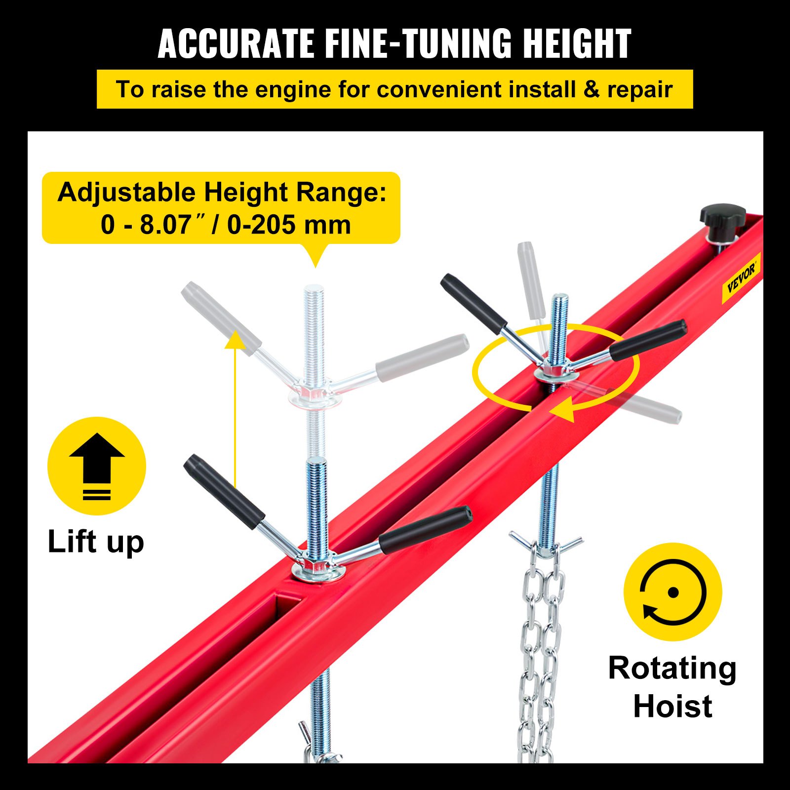 VEVOR engine support bar with adjustable height range and rotating hoist.