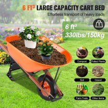 VEVOR Wheelbarrow Cart, 6 Cu. Ft. Load & 330 lbs Capacity, One Wheel Garden Dump Cart Wheel Barrow with Metal Handle & 16" Wide Track Wheels, Easy Loading Utility Yard Cart & Wagons for Lawn Farm