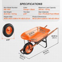 VEVOR Wheelbarrow Cart, 5 Cu. Ft. Load & 265 lbs Capacity, One Wheel Garden Dump Cart, Garden Wagon with Metal Handle & 16" Wide Track Wheels, Easy Loading Utility Yard Cart & Wagons for Lawn Farm