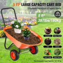 VEVOR Wheelbarrow Cart, 5 Cu. Ft. Load & 397 lbs Capacity, 2 Wheels Garden Dump Cart, Garden Wagon with Handle & 10" Wide Track Wheels, Easy Loading Utility Yard Cart & Wagons for Outdoor Lawn Yard