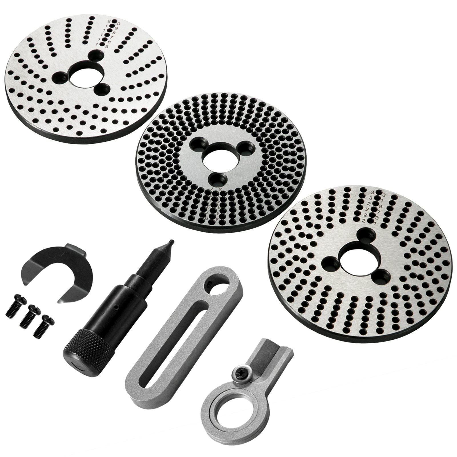 VEVOR rotary table set with indexing plates, screws, and accessories.