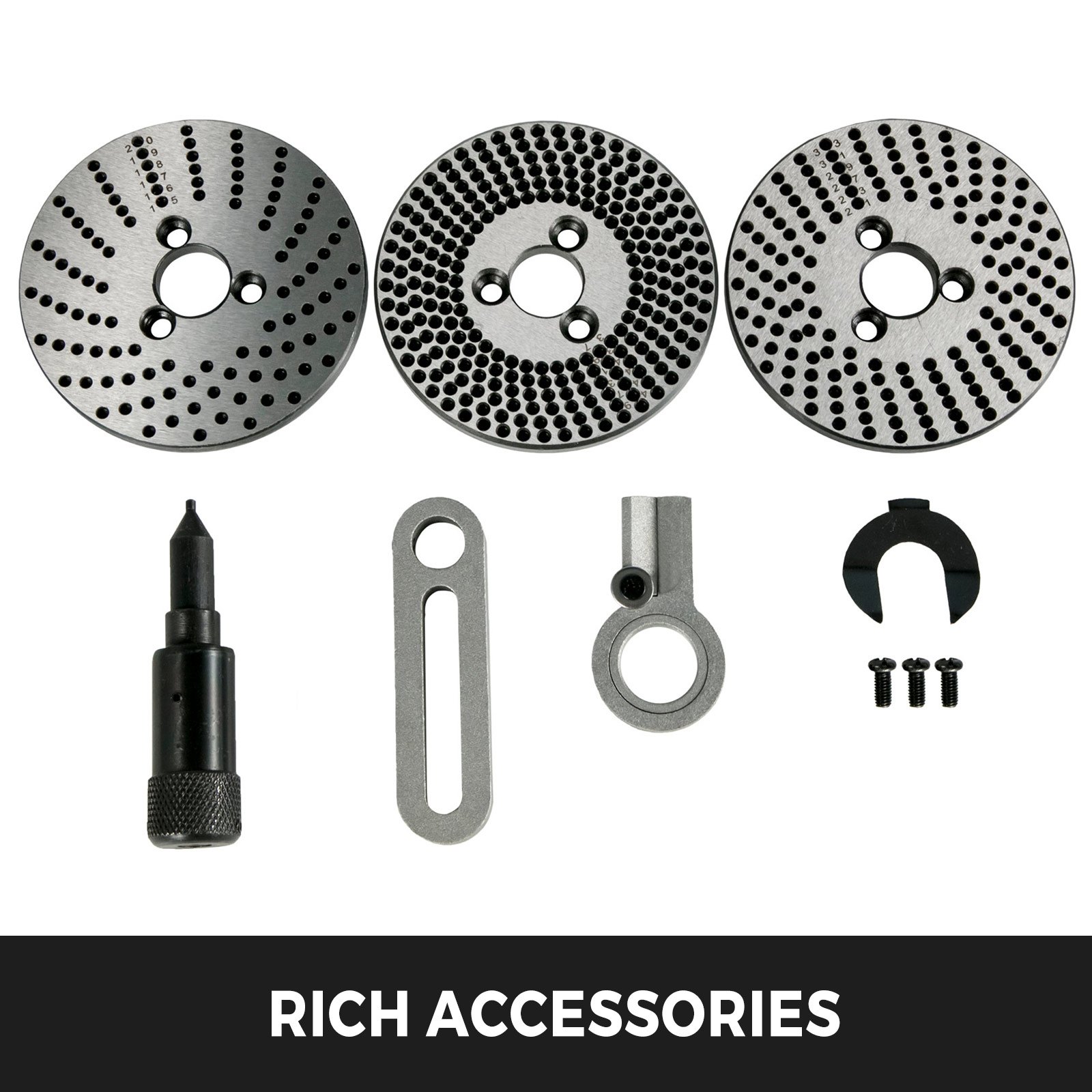 VEVOR rotary table set with rich accessories including indexing plates and small tools.