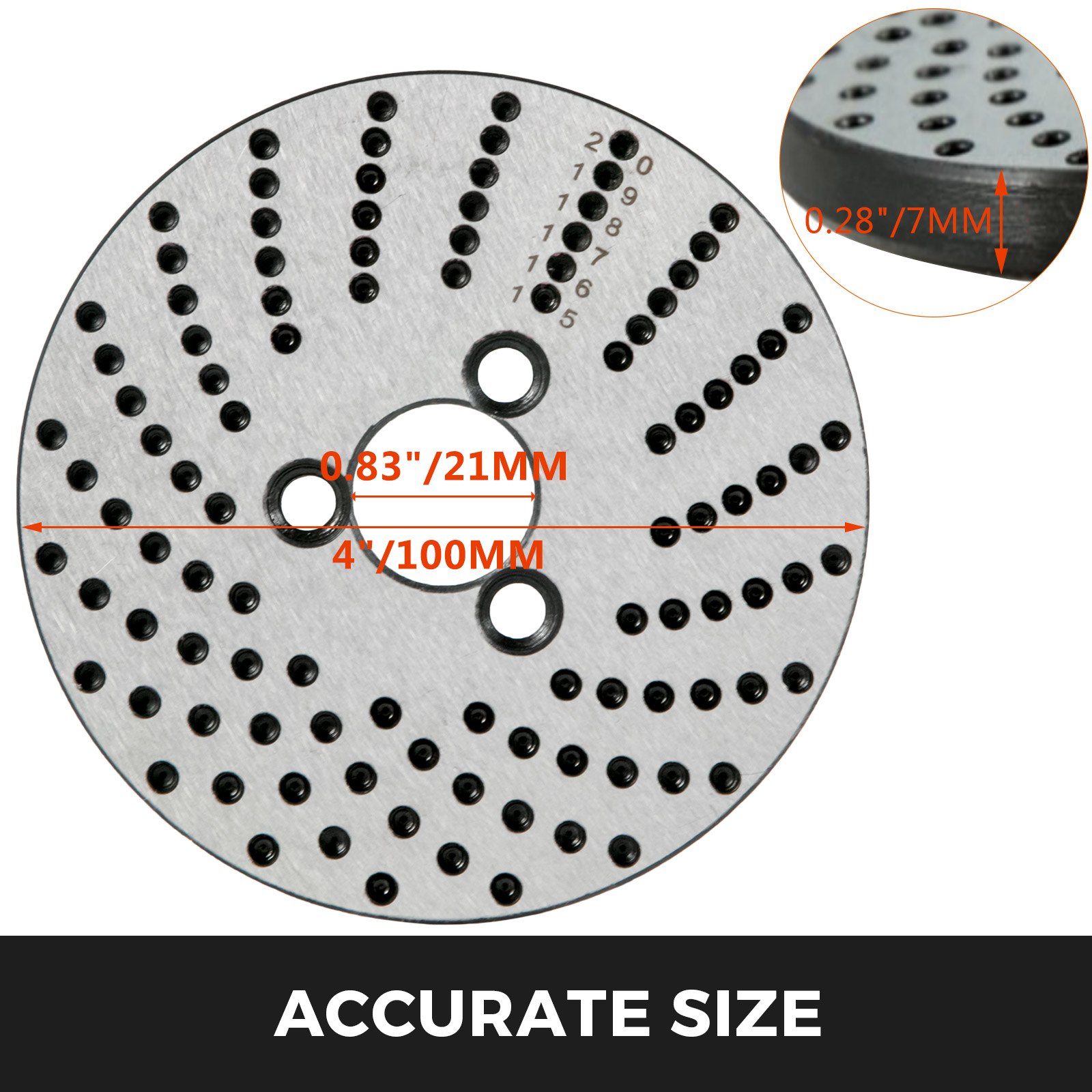 VEVOR rotary table set with accurate size markings: 4&quot;/100mm, 0.83&quot;/21mm, 0.28&quot;/7mm.