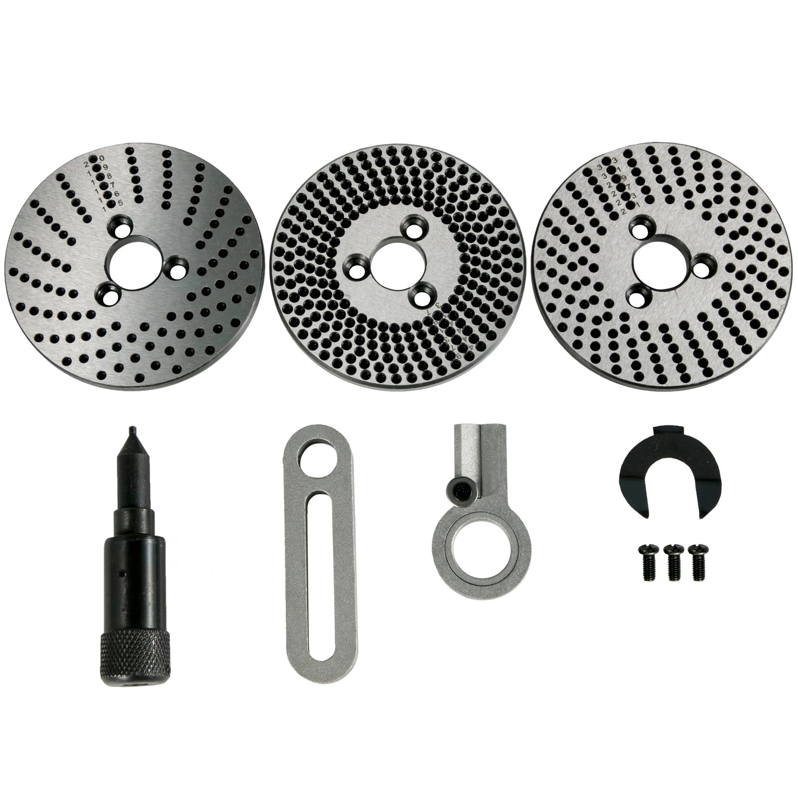 VEVOR rotary table set with three index plates, positioning pegs, and mounting accessories.