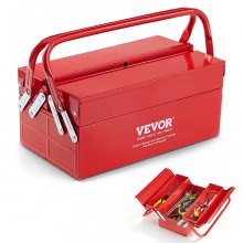 VEVOR Metal Tool Box, 14-inch, 2-Tier 3-Tray Portable Folding Tool Chest Organizer with Handle & Lock Hole, Powder Coated Steel, Cantilever Toolbox for Household Factory Warehouse Repair Shop, Red