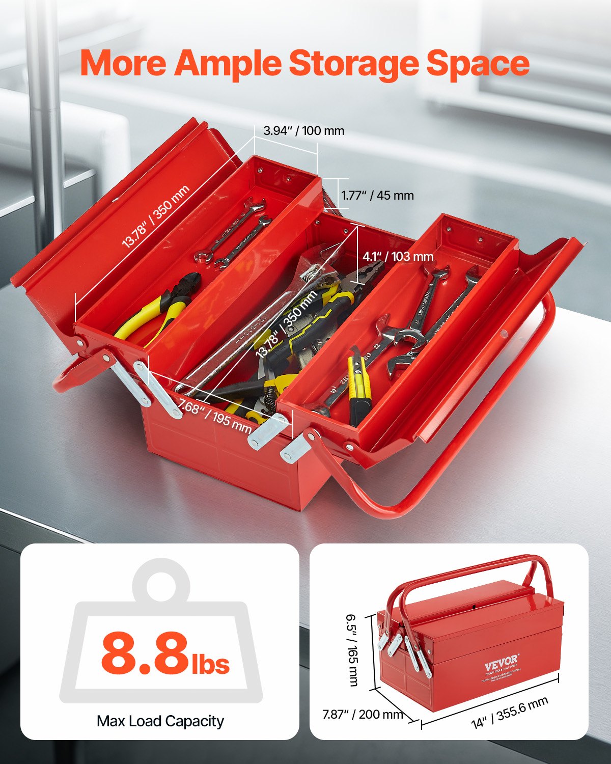 VEVOR Tool Box 14-inch 2-Tier 3-Tray Folding Cantilever Toolbox with Handle