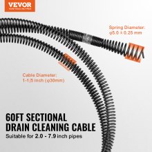 VEVOR Cable de limpieza de drenaje de 60 pies x 1-1/5 pulgadas, cable limpiador de drenaje seccional profesional con 6 cortadores para tuberías de 2.0" a 7.9", cable de barrena de drenaje de alcantarillado de núcleo hueco para fregadero, drenaje de piso, inodoro
