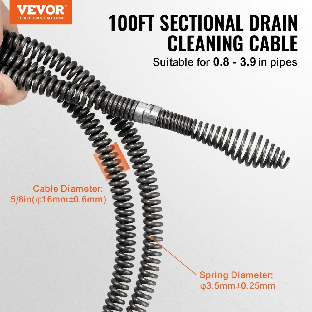 VEVOR Sectional Drain Cleaning Cable 100FT/30.5 m x 5/8In/1.6 cm & 7 Cutters for 0.8"-3.9"/2-10 cm Pipes