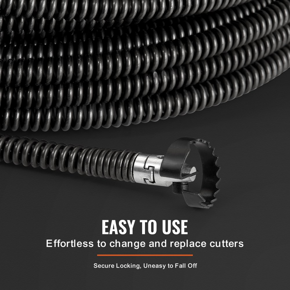 VEVOR Sectional Drain Cleaning Cable 100FT/30.5 m x 5/8In/1.6 cm & 7 Cutters for 0.8"-3.9"/2-10 cm Pipes