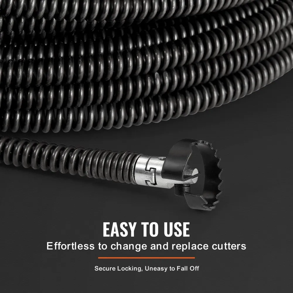 VEVOR Sectional Drain Cleaning Cable 100FT/30.5 m x 5/8In/1.6 cm & 7 Cutters for 0.8"-3.9"/2-10 cm Pipes