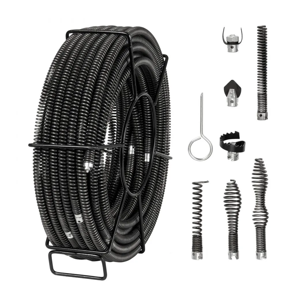 VEVOR Sectional Drain Cleaning Cable 100FT/30.5 m x 5/8In/1.6 cm & 7 Cutters for 0.8"-3.9"/2-10 cm Pipes