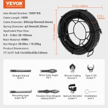 VEVOR Sectional Drain Cleaning Cable 100FTx5/8In & 7 Cutters for 0.8"-3.9" Pipes