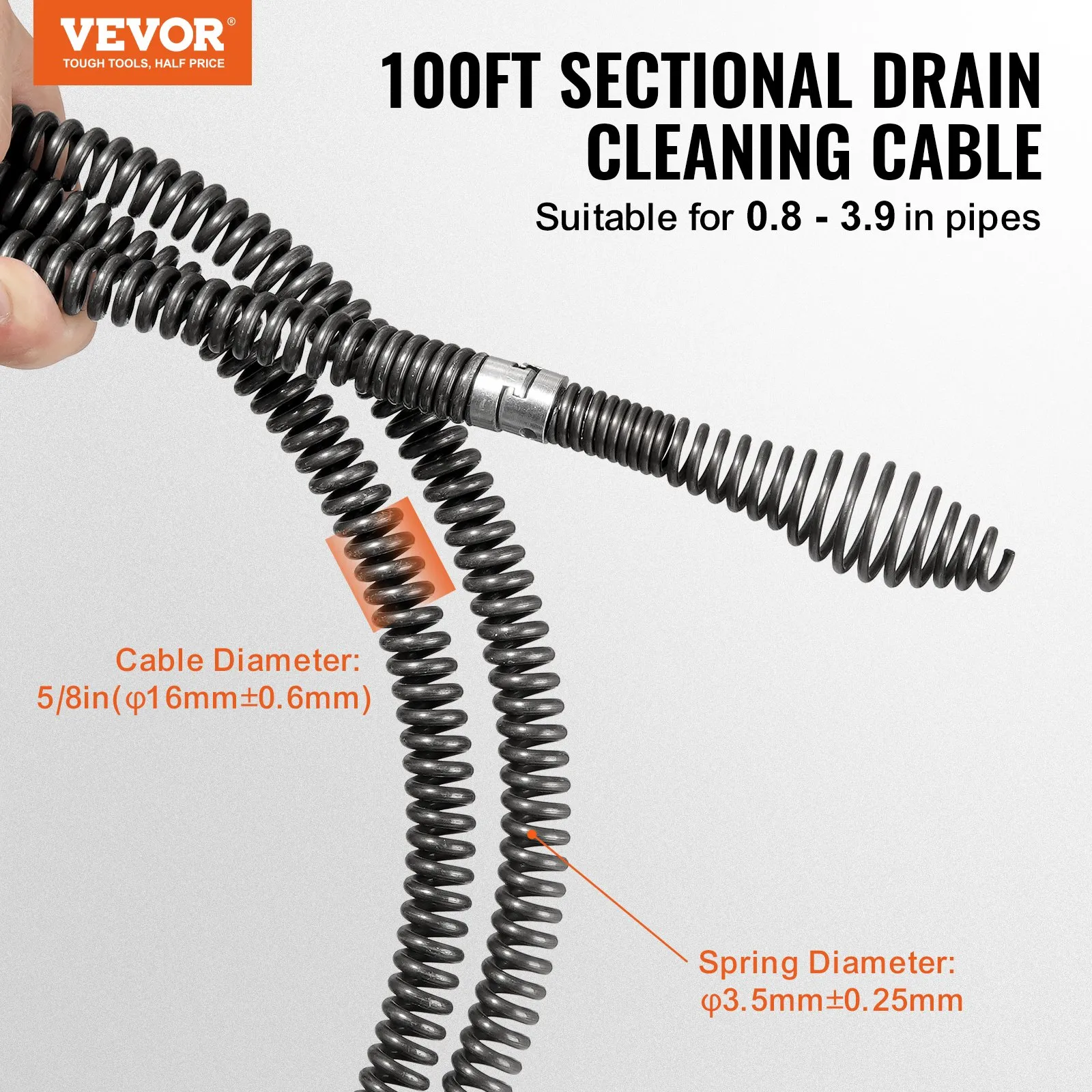 VEVOR Sectional Drain Cleaning Cable 100FT/30.5 m x 5/8In/1.6 cm & 7 Cutters for 0.8"-3.9"/2-10 cm Pipes