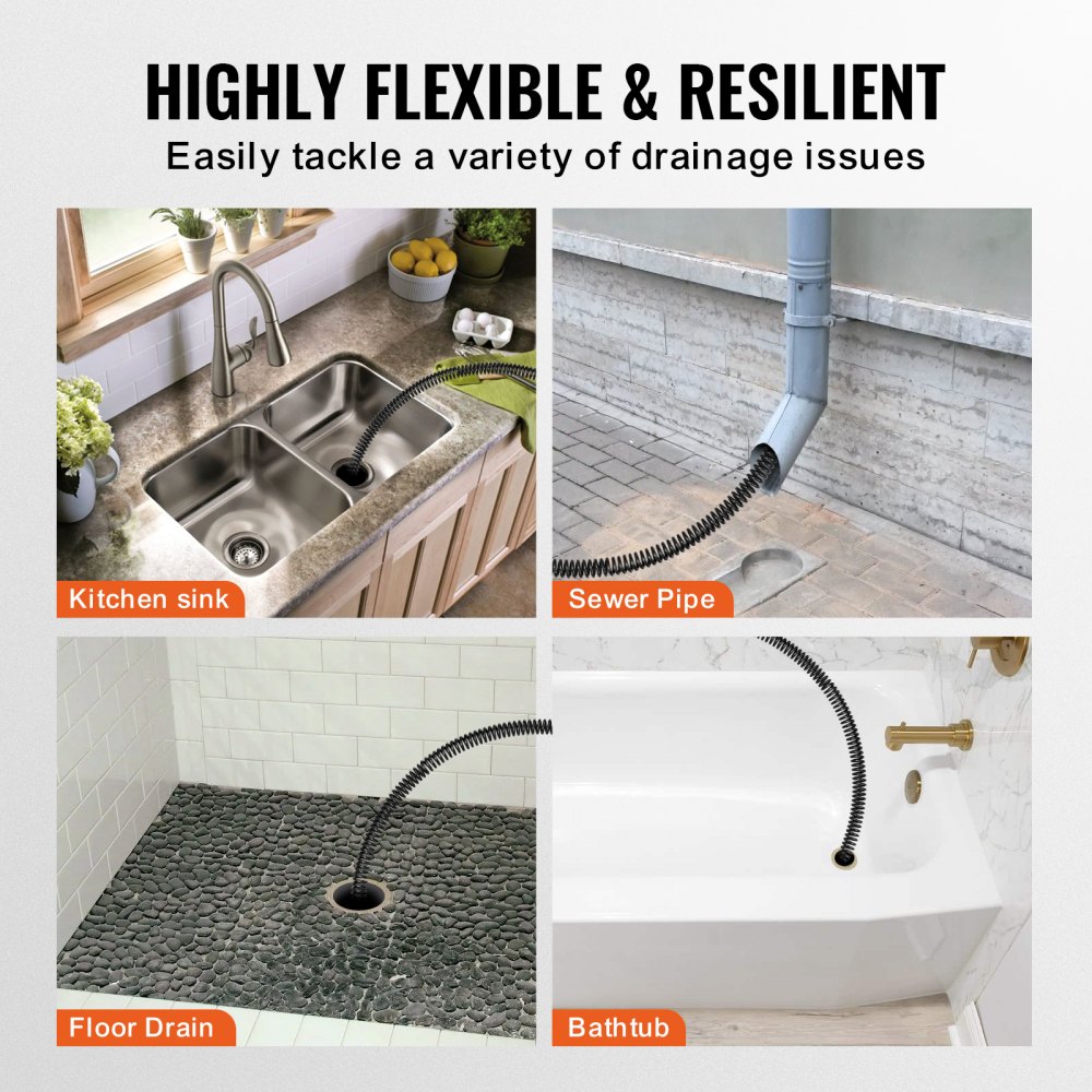 VEVOR drain cleaning cable being used in a kitchen sink, sewer pipe, floor drain, and bathtub.