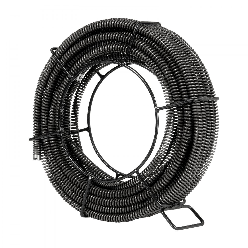 coiled metal VEVOR drain cleaning cable on a wire reel, ready for plumbing and maintenance tasks.