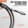 VEVOR Drain Cleaning Cable 66 FT x 5/8 Inch, Professional Sectional Drain Cleaner Cable with 7 Cutters for 0.8" to 3.9" Pipes, Hollow Core Sewer Drain Auger Cable for Sink, Floor Drain, Toilet