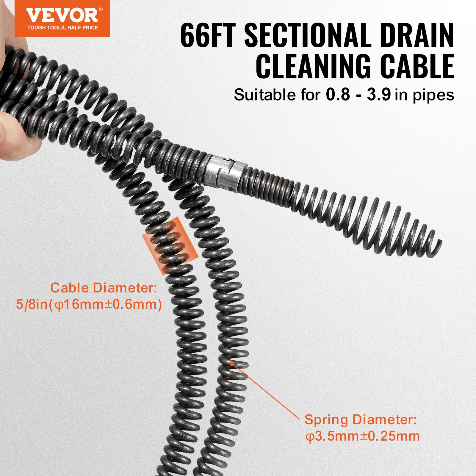 VEVOR drain cleaning cable - 66ft sectional cable for pipes 0.8-3.9 inches, 5/8&quot; diameter.