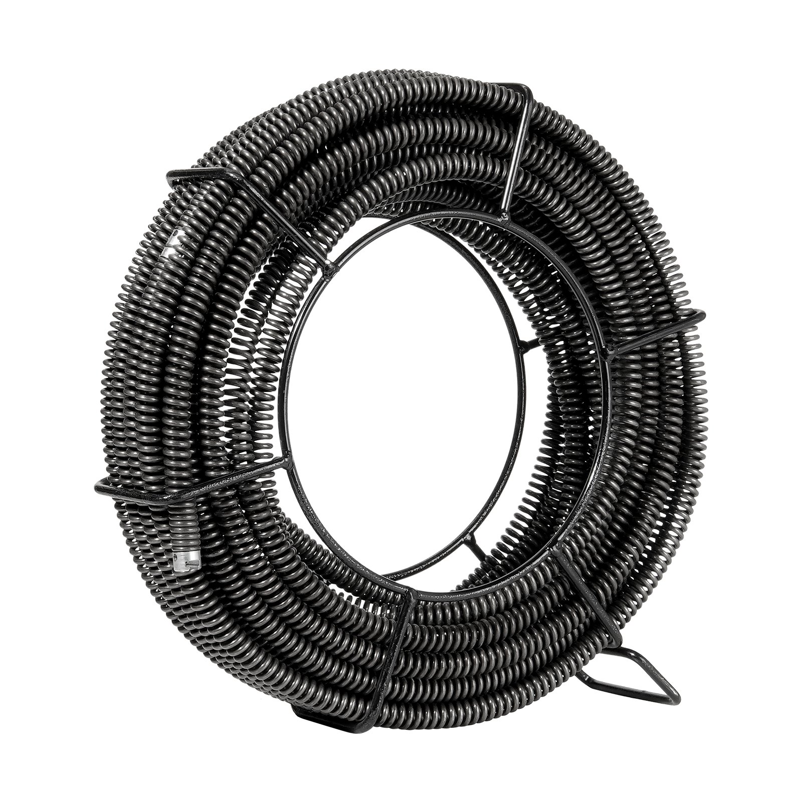 VEVOR drain cleaning cable coiled in a metal frame, black steel spring design for plumbing tasks.