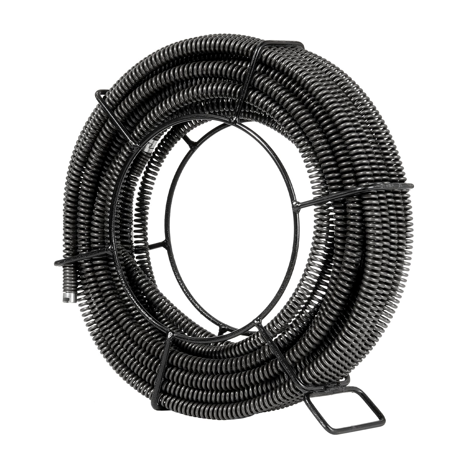 coiled metal VEVOR drain cleaning cable on a wire reel, ready for plumbing and maintenance tasks.