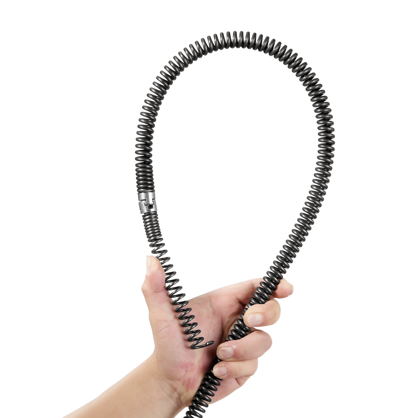hand holding a VEVOR drain cleaning cable with a coiled design against a white background.