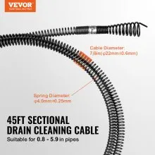 VEVOR Drain Cleaning Cable 45 FT x 7/8 Inch, Professional Sectional Drain Cleaner Cable with 6 Cutters for 0.8" to 5.9" Pipes, Hollow Core Sewer Drain Auger Cable for Sink, Floor Drain, Toilet