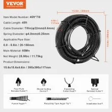 VEVOR Drain Cleaning Cable 45 FT x 7/8 Inch, Professional Sectional Drain Cleaner Cable with 6 Cutters for 0.8" to 5.9" Pipes, Hollow Core Sewer Drain Auger Cable for Sink, Floor Drain, Toilet